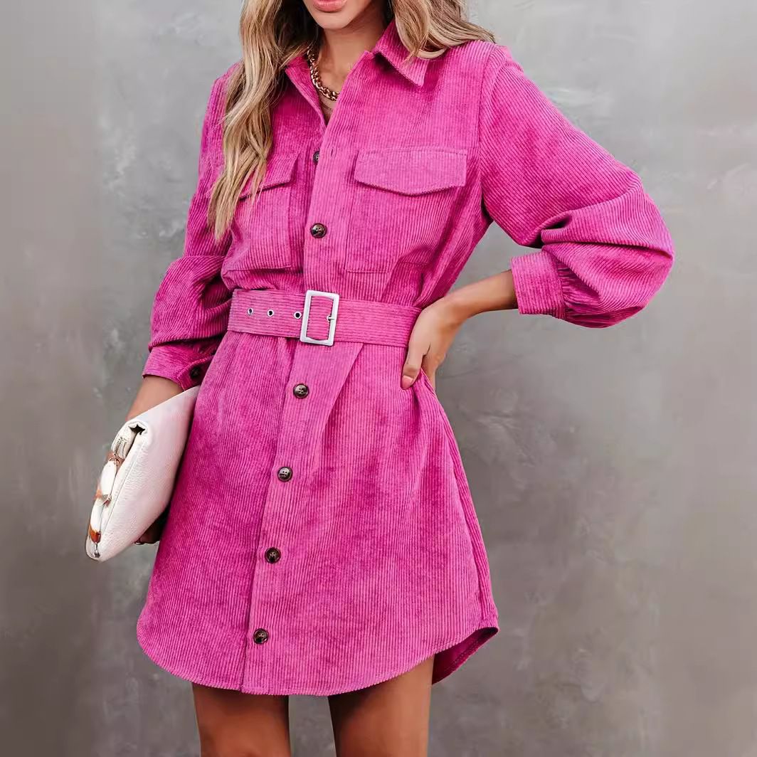 New women's autumn and winter corduroy pit stripe solid color long sleeved shirt dress,slim pocket waist skirt,slim fit collar,simple and atmospheric,fashionable and versatile,soft and skin friendly