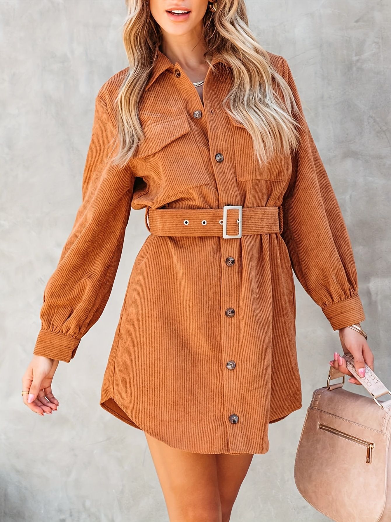 New women's autumn and winter corduroy pit stripe solid color long sleeved shirt dress,slim pocket waist skirt,slim fit collar,simple and atmospheric,fashionable and versatile,soft and skin friendly