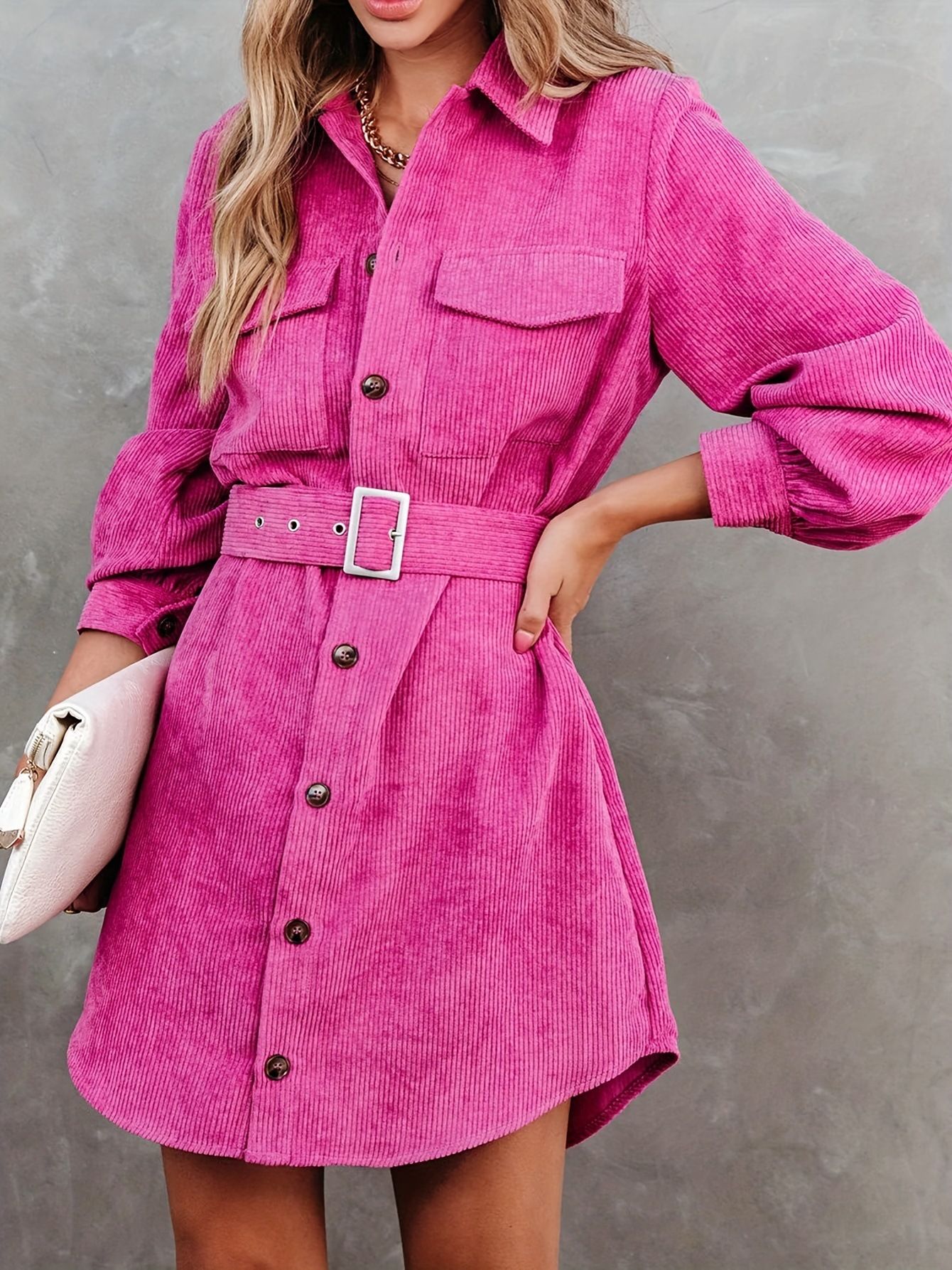 New women's autumn and winter corduroy pit stripe solid color long sleeved shirt dress,slim pocket waist skirt,slim fit collar,simple and atmospheric,fashionable and versatile,soft and skin friendly