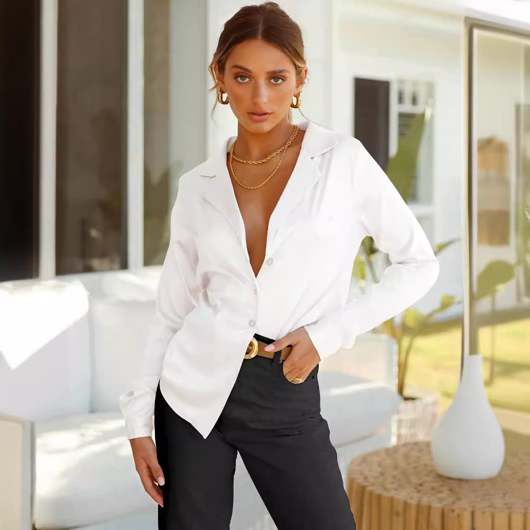 Spring and autumn 2024 women's shirt, loose cardigan long sleeved shirt, solid color lapel shirt, soft and comfortable, simple and generous, fashionable and versatile, skin friendly, Tiktok - popular