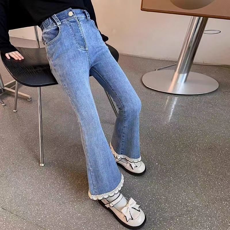 New girls' jeans, popular slim bell bottoms in autumn 2024, children's lace trousers, fashionable and versatile, soft and comfortable, skin friendly, foreign, Tiktok - popular