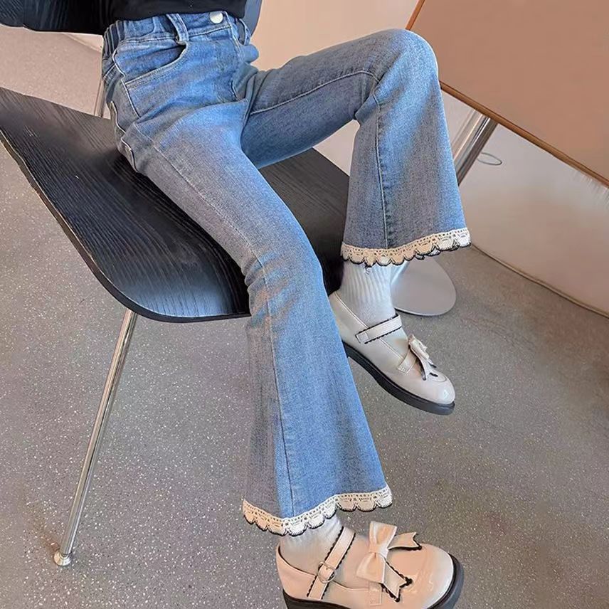 New girls' jeans, popular slim bell bottoms in autumn 2024, children's lace trousers, fashionable and versatile, soft and comfortable, skin friendly, foreign, Tiktok - popular