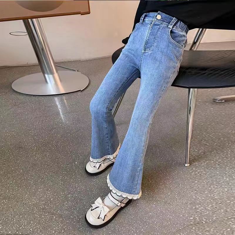 New girls' jeans, popular slim bell bottoms in autumn 2024, children's lace trousers, fashionable and versatile, soft and comfortable, skin friendly, foreign, Tiktok - popular