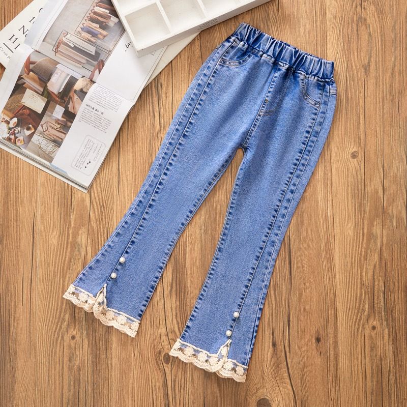 New girls' jeans, popular slim bell bottoms in autumn 2024, children's lace trousers, fashionable and versatile, soft and comfortable, skin friendly, foreign, Tiktok - popular