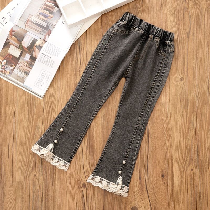 New girls' jeans, popular slim bell bottoms in autumn 2024, children's lace trousers, fashionable and versatile, soft and comfortable, skin friendly, foreign, Tiktok - popular