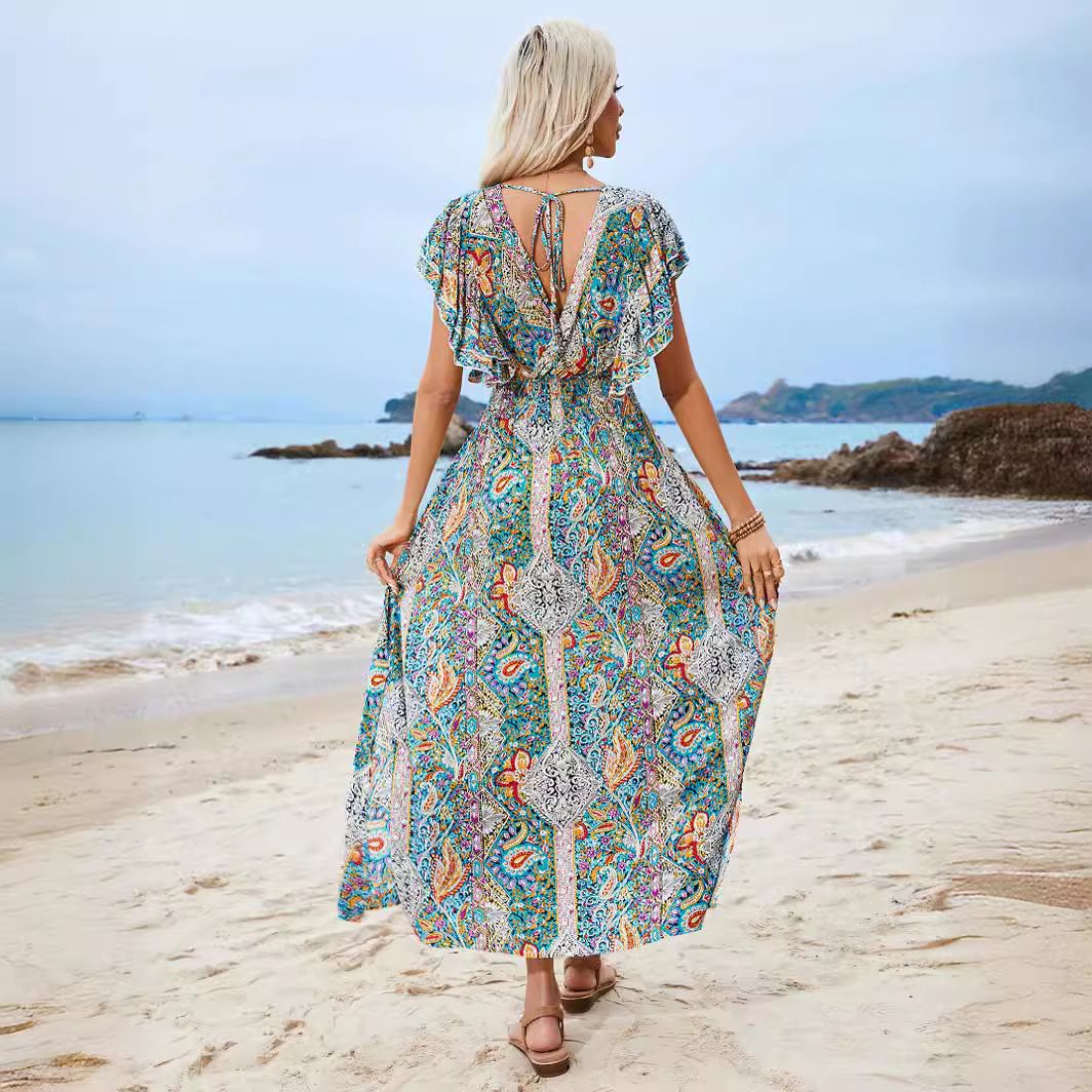 2024 new European and American women's clothing, V-neck exposed back cotton printed ruffle edge short sleeved slit beach dress, double-layer ruffle edge skirt, waistband A-line skirt, fashionable