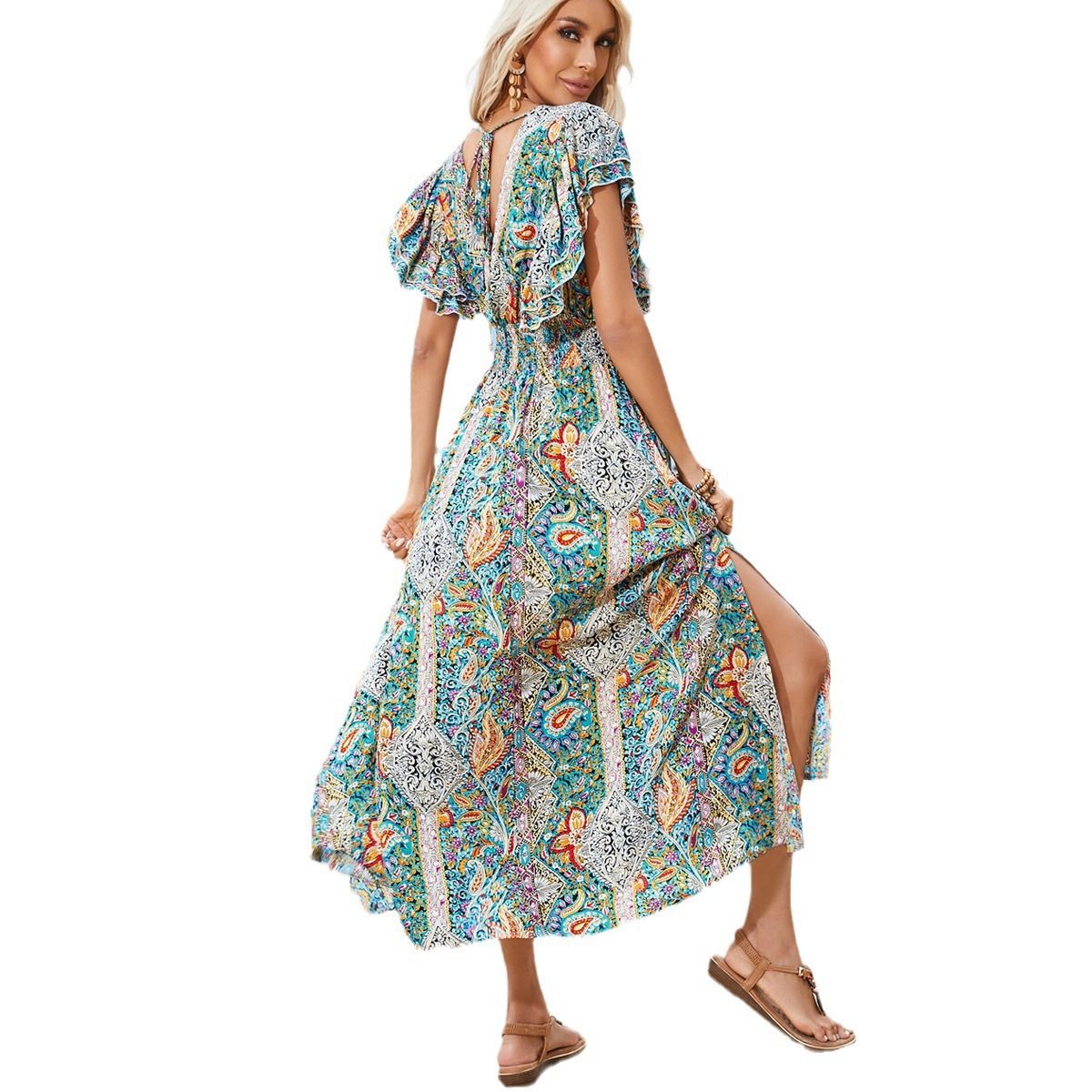 2024 new European and American women's clothing, V-neck exposed back cotton printed ruffle edge short sleeved slit beach dress, double-layer ruffle edge skirt, waistband A-line skirt, fashionable