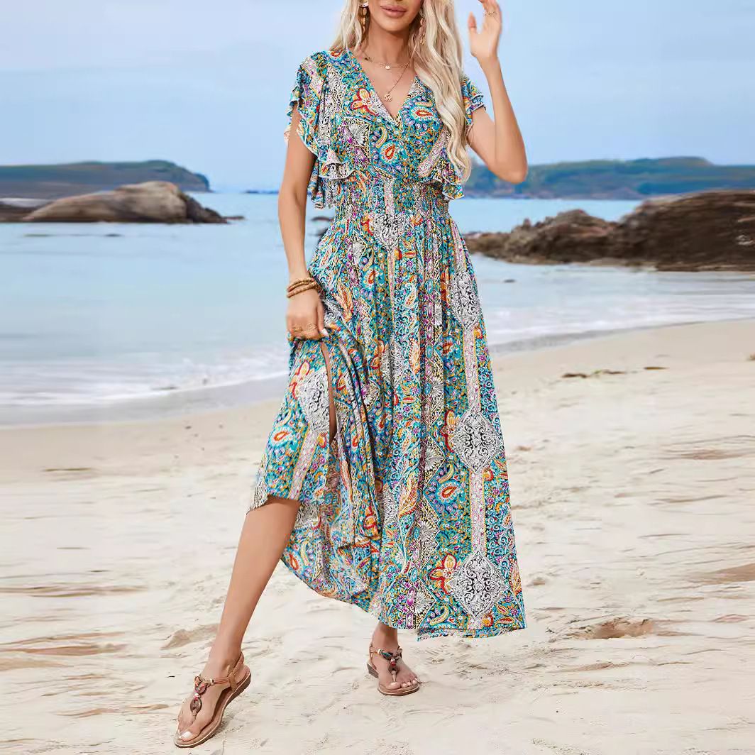 2024 new European and American women's clothing, V-neck exposed back cotton printed ruffle edge short sleeved slit beach dress, double-layer ruffle edge skirt, waistband A-line skirt, fashionable
