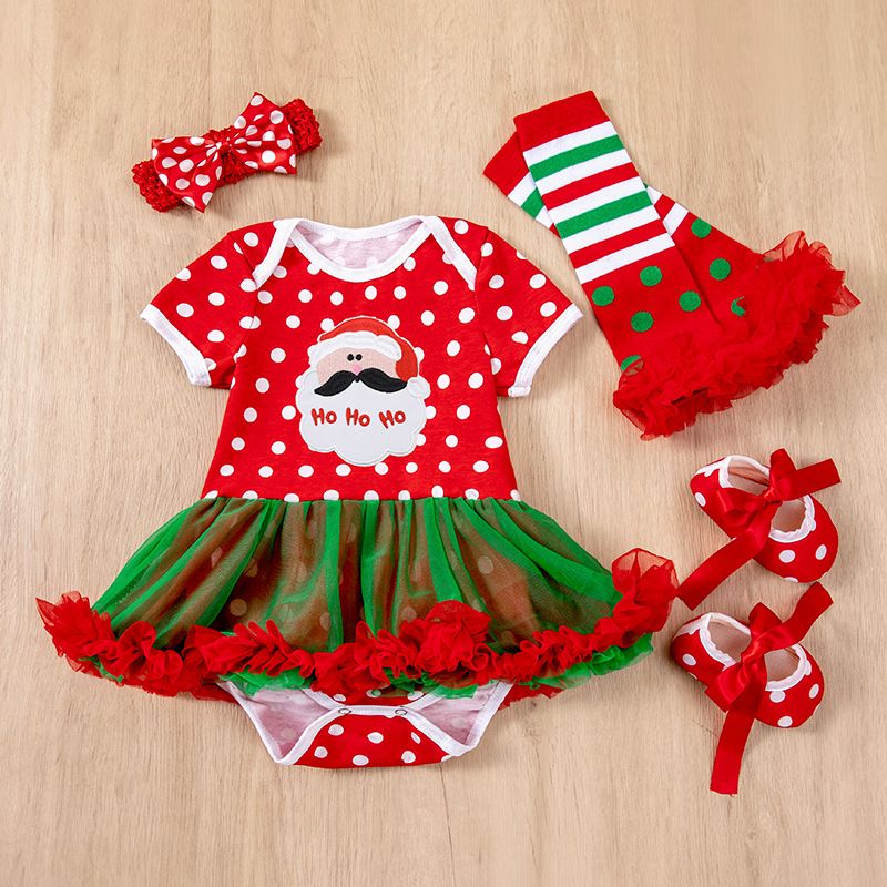 2024 children's Christmas baby dress 4-piece set,cartoon Santa Claus holiday set,ruffled A-line skirt,soft texture,skin friendly and comfortable,easy to put on and take off,beautiful and generous
