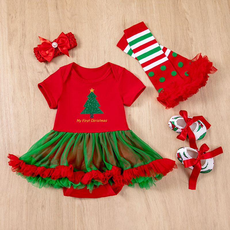 2024 children's Christmas baby dress 4-piece set,cartoon Santa Claus holiday set,ruffled A-line skirt,soft texture,skin friendly and comfortable,easy to put on and take off,beautiful and generous