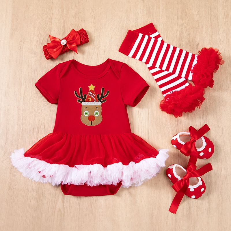 2024 children's Christmas baby dress 4-piece set,cartoon Santa Claus holiday set,ruffled A-line skirt,soft texture,skin friendly and comfortable,easy to put on and take off,beautiful and generous