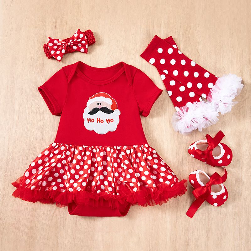 2024 children's Christmas baby dress 4-piece set,cartoon Santa Claus holiday set,ruffled A-line skirt,soft texture,skin friendly and comfortable,easy to put on and take off,beautiful and generous