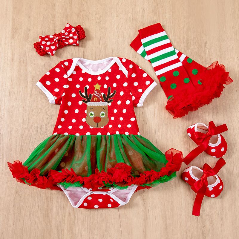 2024 children's Christmas baby dress 4-piece set,cartoon Santa Claus holiday set,ruffled A-line skirt,soft texture,skin friendly and comfortable,easy to put on and take off,beautiful and generous