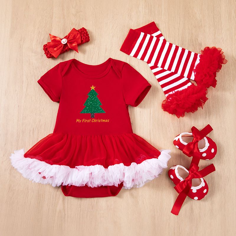 2024 children's Christmas baby dress 4-piece set,cartoon Santa Claus holiday set,ruffled A-line skirt,soft texture,skin friendly and comfortable,easy to put on and take off,beautiful and generous