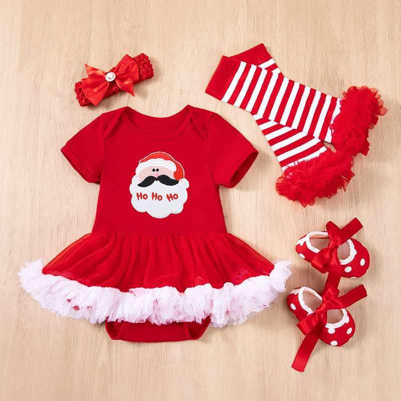 2024 children's Christmas baby dress 4-piece set,cartoon Santa Claus holiday set,ruffled A-line skirt,soft texture,skin friendly and comfortable,easy to put on and take off,beautiful and generous