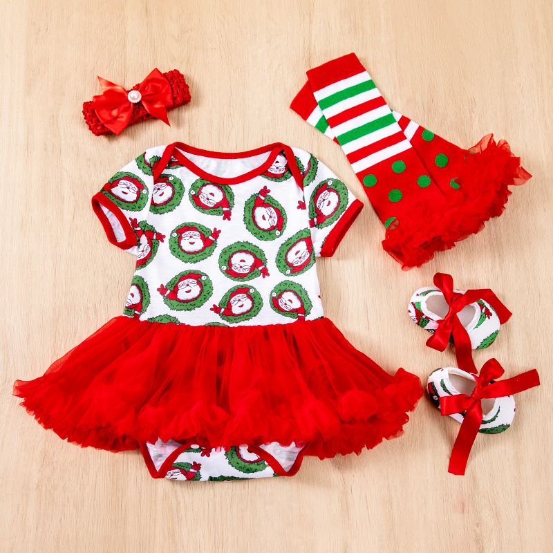 2024 children's Christmas baby dress 4-piece set,cartoon Santa Claus holiday set,ruffled A-line skirt,soft texture,skin friendly and comfortable,easy to put on and take off,beautiful and generous