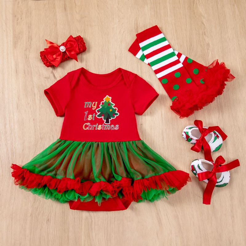 2024 children's Christmas baby dress 4-piece set,cartoon Santa Claus holiday set,ruffled A-line skirt,soft texture,skin friendly and comfortable,easy to put on and take off,beautiful and generous
