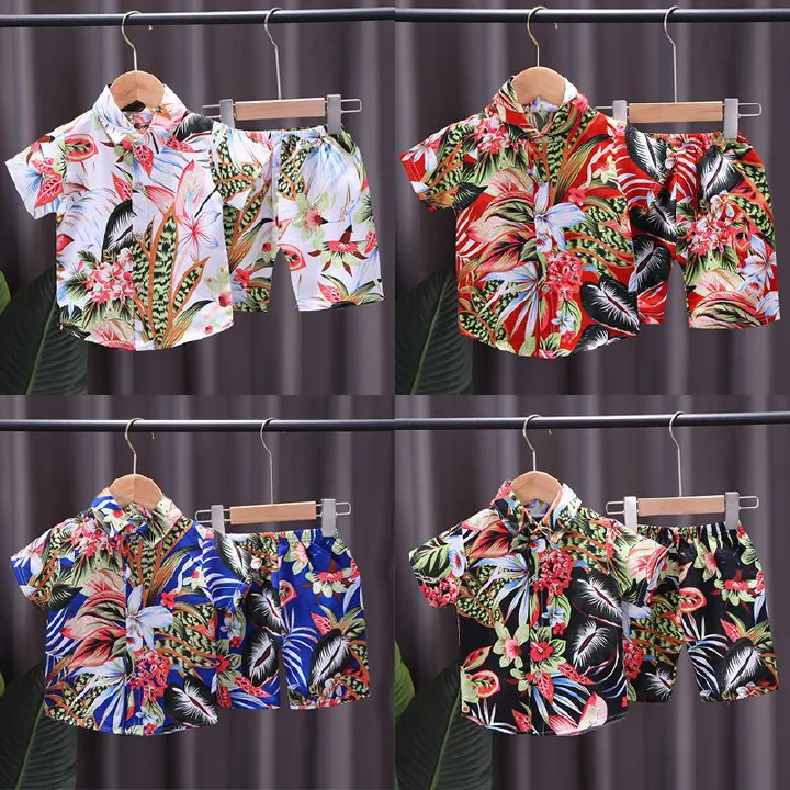 New children's floral shirt set,full printed short sleeved T-shirt two-piece set for boys aged 0-4,Southeast Asian style,lapel children's clothing,single breasted top,elastic waist shorts,Pure cotton