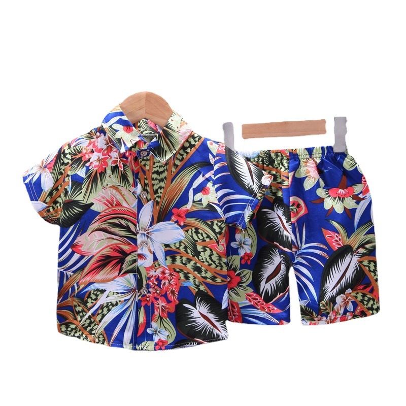 New children's floral shirt set,full printed short sleeved T-shirt two-piece set for boys aged 0-4,Southeast Asian style,lapel children's clothing,single breasted top,elastic waist shorts,Pure cotton