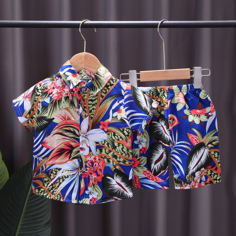 New children's floral shirt set,full printed short sleeved T-shirt two-piece set for boys aged 0-4,Southeast Asian style,lapel children's clothing,single breasted top,elastic waist shorts,Pure cotton