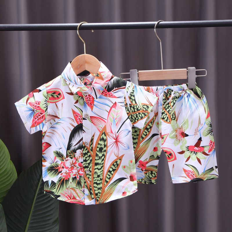 New children's floral shirt set,full printed short sleeved T-shirt two-piece set for boys aged 0-4,Southeast Asian style,lapel children's clothing,single breasted top,elastic waist shorts,Pure cotton