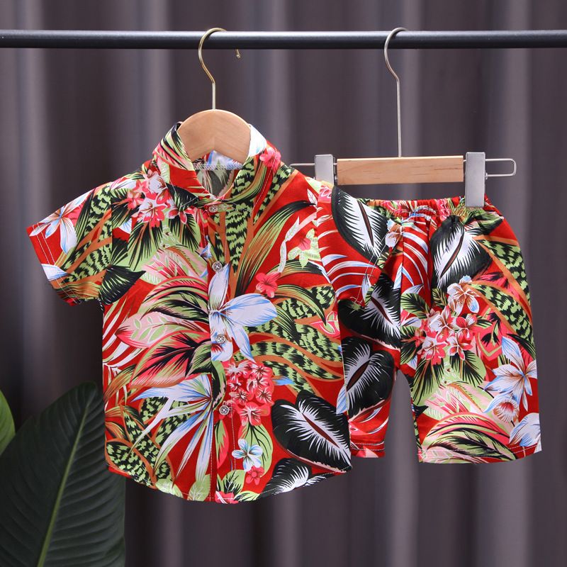 New children's floral shirt set,full printed short sleeved T-shirt two-piece set for boys aged 0-4,Southeast Asian style,lapel children's clothing,single breasted top,elastic waist shorts,Pure cotton
