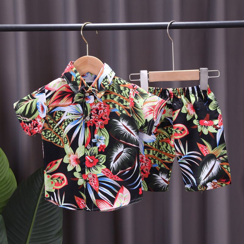 New children's floral shirt set,full printed short sleeved T-shirt two-piece set for boys aged 0-4,Southeast Asian style,lapel children's clothing,single breasted top,elastic waist shorts,Pure cotton
