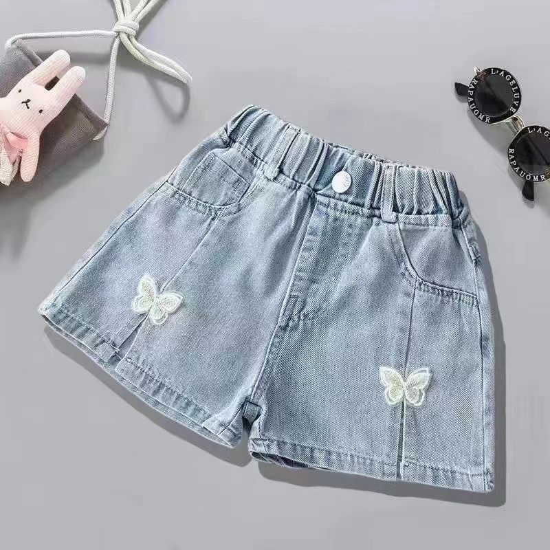 New girls' pleated denim shorts, popular children's jeans for summer outerwear, baby girl hot pants short Korean style western-style, butterfly pearl decoration, elastic waist, soft and comfortable