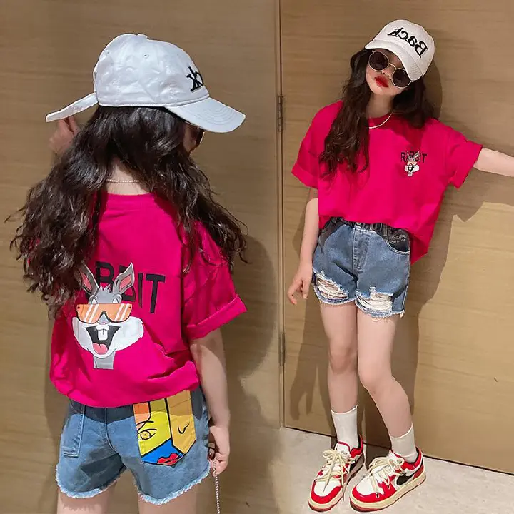 New explosive street style children's clothing T-shirt for girls, short sleeved summer children's mid to large age girls' top, half sleeved T-shirt trendy ins, popular pure cotton style clothes, soft