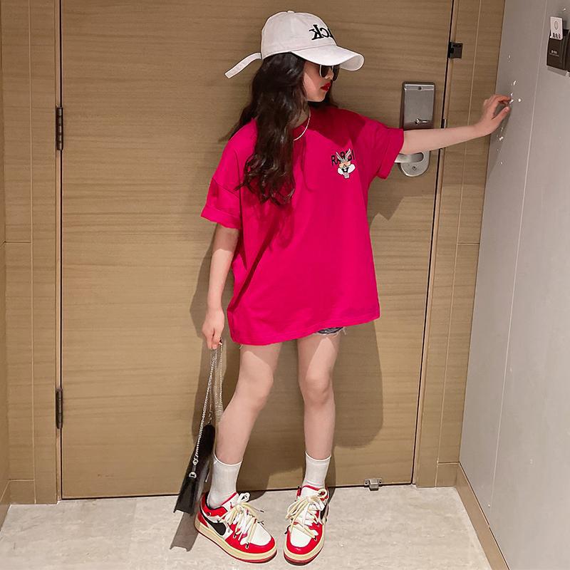 New explosive street style children's clothing T-shirt for girls, short sleeved summer children's mid to large age girls' top, half sleeved T-shirt trendy ins, popular pure cotton style clothes, soft