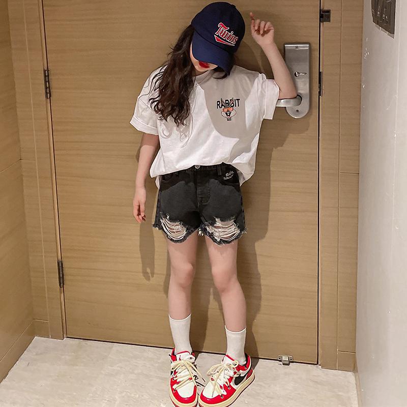 New explosive street style children's clothing T-shirt for girls, short sleeved summer children's mid to large age girls' top, half sleeved T-shirt trendy ins, popular pure cotton style clothes, soft