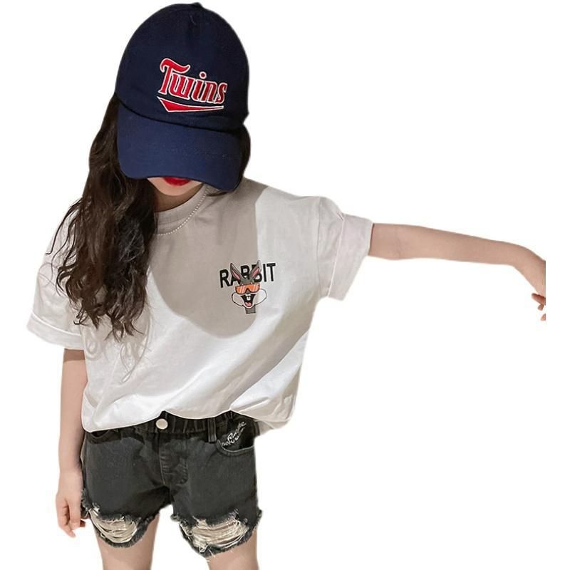 New explosive street style children's clothing T-shirt for girls, short sleeved summer children's mid to large age girls' top, half sleeved T-shirt trendy ins, popular pure cotton style clothes, soft