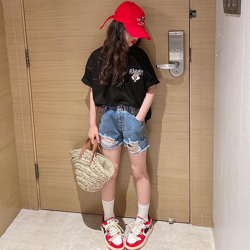 New explosive street style children's clothing T-shirt for girls, short sleeved summer children's mid to large age girls' top, half sleeved T-shirt trendy ins, popular pure cotton style clothes, soft