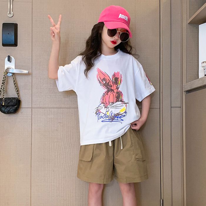 New explosive street style children's clothing T-shirt for girls, short sleeved summer children's mid to large age girls' top, half sleeved T-shirt trendy ins, popular pure cotton style clothes, soft