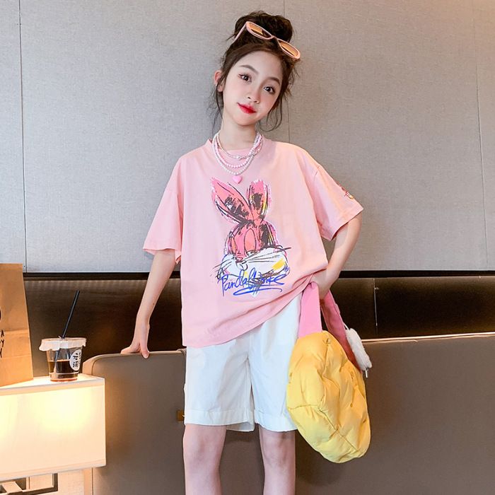 New explosive street style children's clothing T-shirt for girls, short sleeved summer children's mid to large age girls' top, half sleeved T-shirt trendy ins, popular pure cotton style clothes, soft