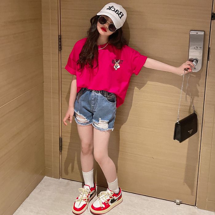 New explosive street style children's clothing T-shirt for girls, short sleeved summer children's mid to large age girls' top, half sleeved T-shirt trendy ins, popular pure cotton style clothes, soft