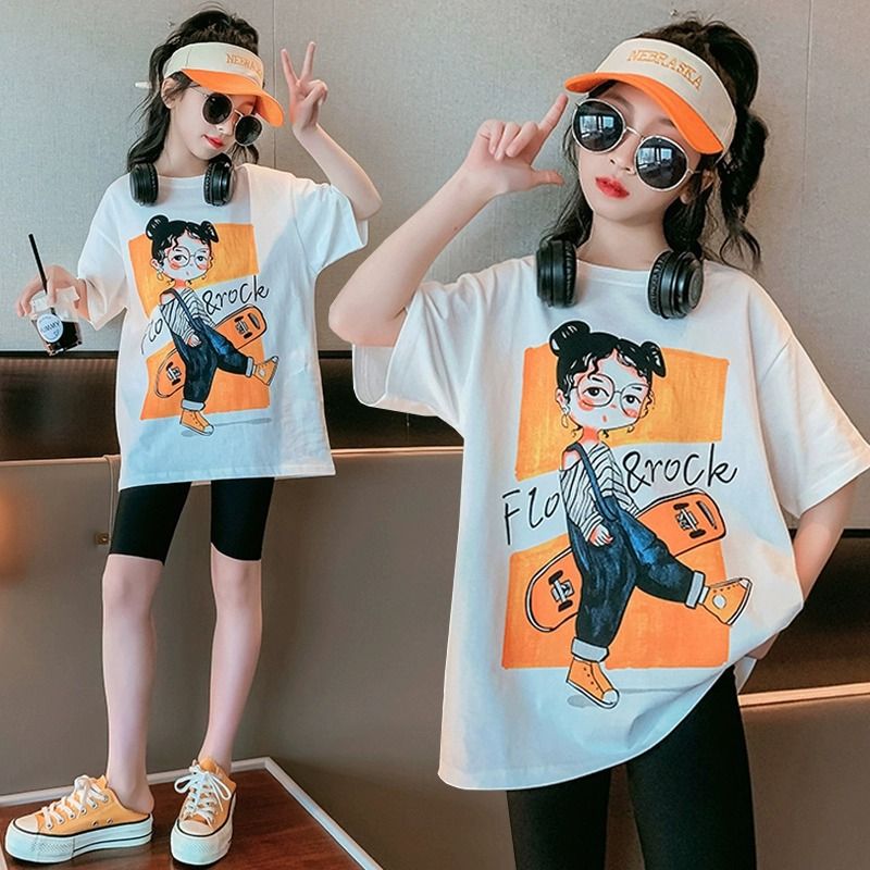 New explosive street style children's clothing T-shirt for girls, short sleeved summer children's mid to large age girls' top, half sleeved T-shirt trendy ins, popular pure cotton style clothes, soft