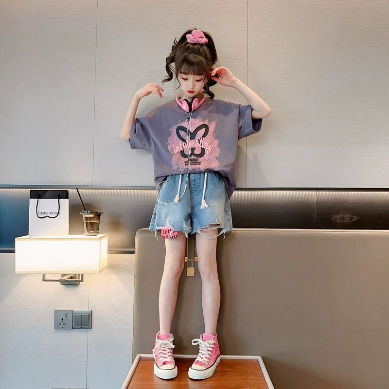 New explosive street style children's clothing T-shirt for girls, short sleeved summer children's mid to large age girls' top, half sleeved T-shirt trendy ins, popular pure cotton style clothes, soft