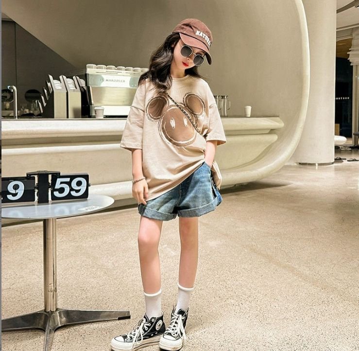 New explosive street style children's clothing T-shirt for girls, short sleeved summer children's mid to large age girls' top, half sleeved T-shirt trendy ins, popular pure cotton style clothes, soft