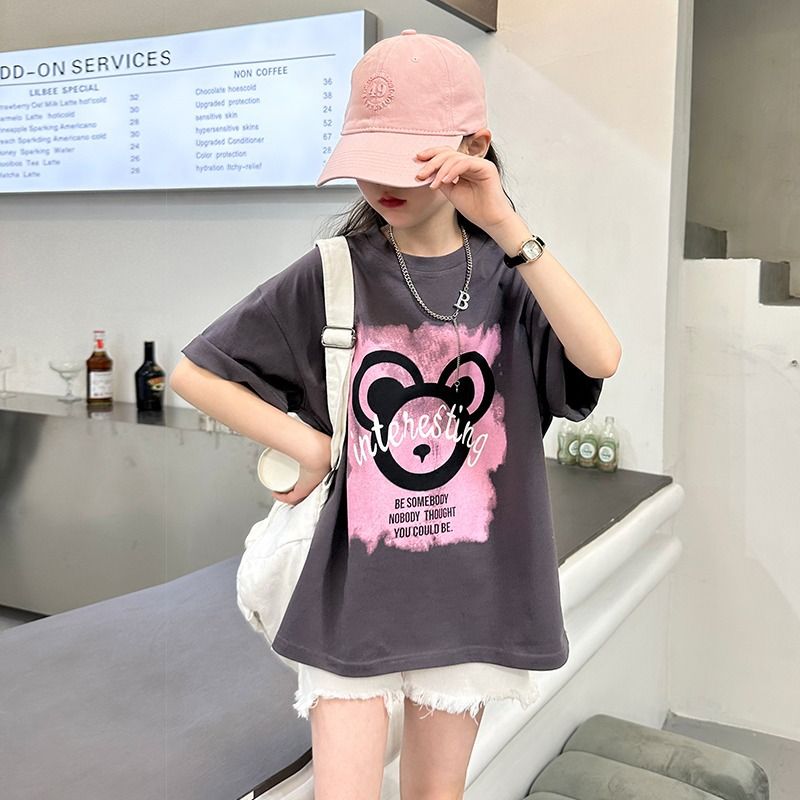New explosive street style children's clothing T-shirt for girls, short sleeved summer children's mid to large age girls' top, half sleeved T-shirt trendy ins, popular pure cotton style clothes, soft
