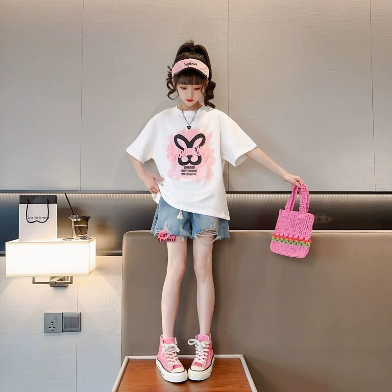 New explosive street style children's clothing T-shirt for girls, short sleeved summer children's mid to large age girls' top, half sleeved T-shirt trendy ins, popular pure cotton style clothes, soft