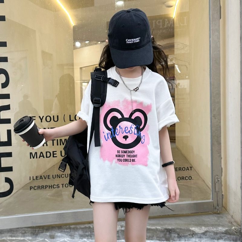 New explosive street style children's clothing T-shirt for girls, short sleeved summer children's mid to large age girls' top, half sleeved T-shirt trendy ins, popular pure cotton style clothes, soft