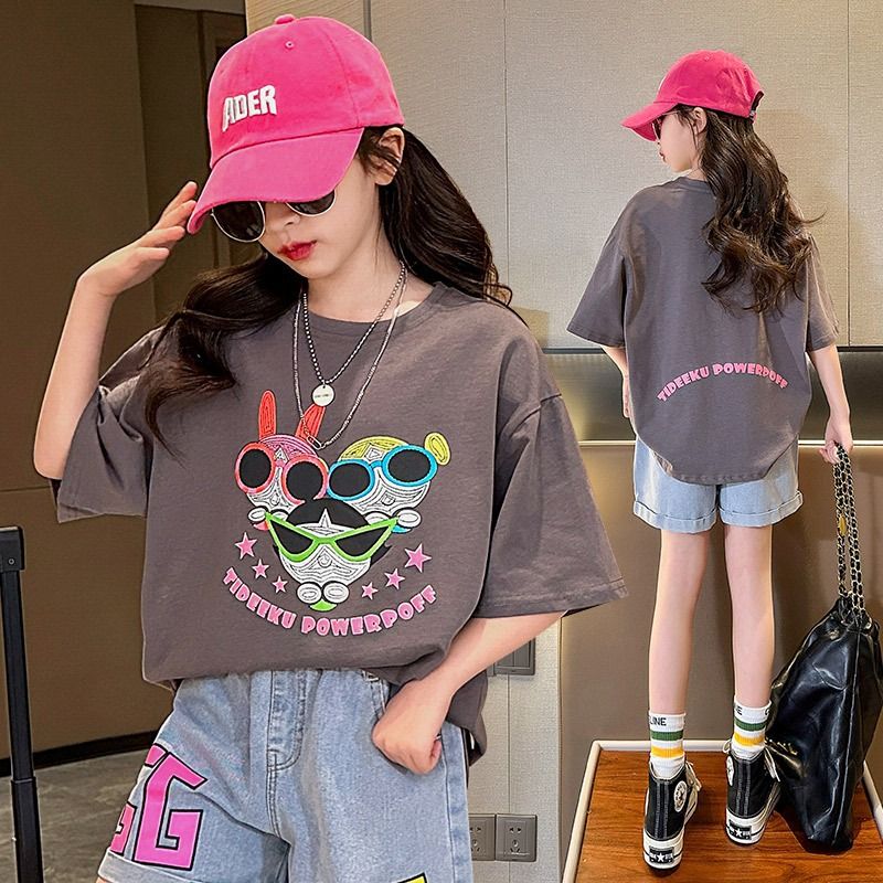 New explosive street style children's clothing T-shirt for girls, short sleeved summer children's mid to large age girls' top, half sleeved T-shirt trendy ins, popular pure cotton style clothes, soft
