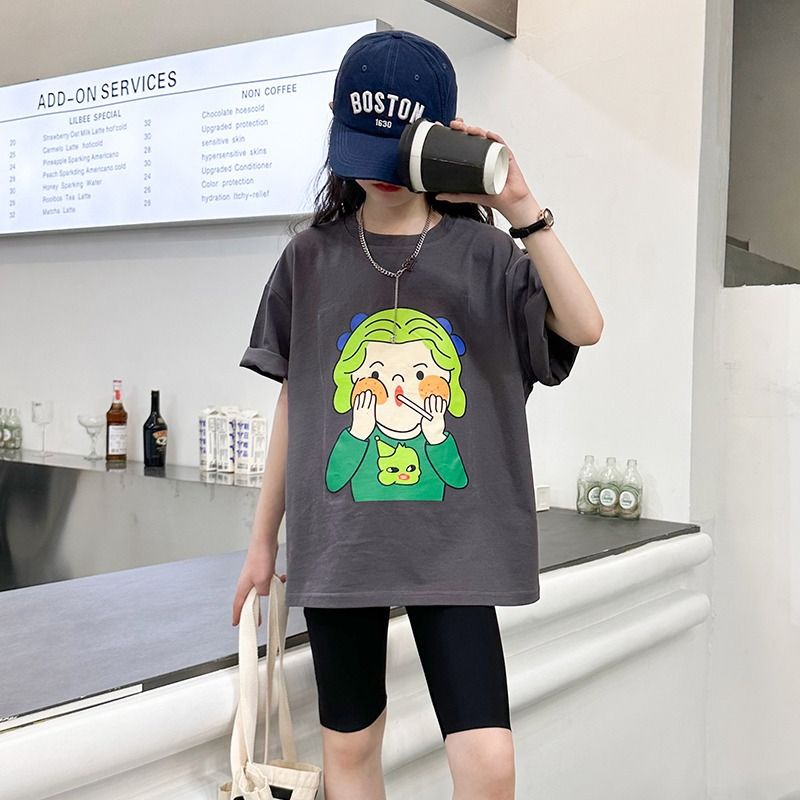 New explosive street style children's clothing T-shirt for girls, short sleeved summer children's mid to large age girls' top, half sleeved T-shirt trendy ins, popular pure cotton style clothes, soft