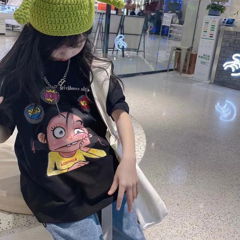 New explosive street style children's clothing T-shirt for girls, short sleeved summer children's mid to large age girls' top, half sleeved T-shirt trendy ins, popular pure cotton style clothes, soft