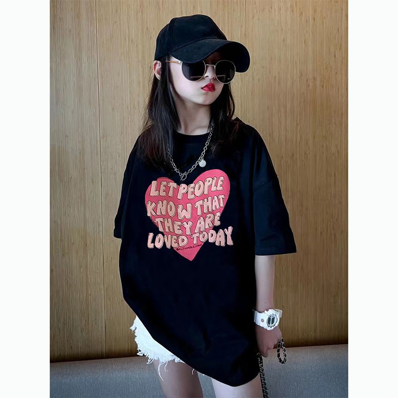 New explosive street style children's clothing T-shirt for girls, short sleeved summer children's mid to large age girls' top, half sleeved T-shirt trendy ins, popular pure cotton style clothes, soft