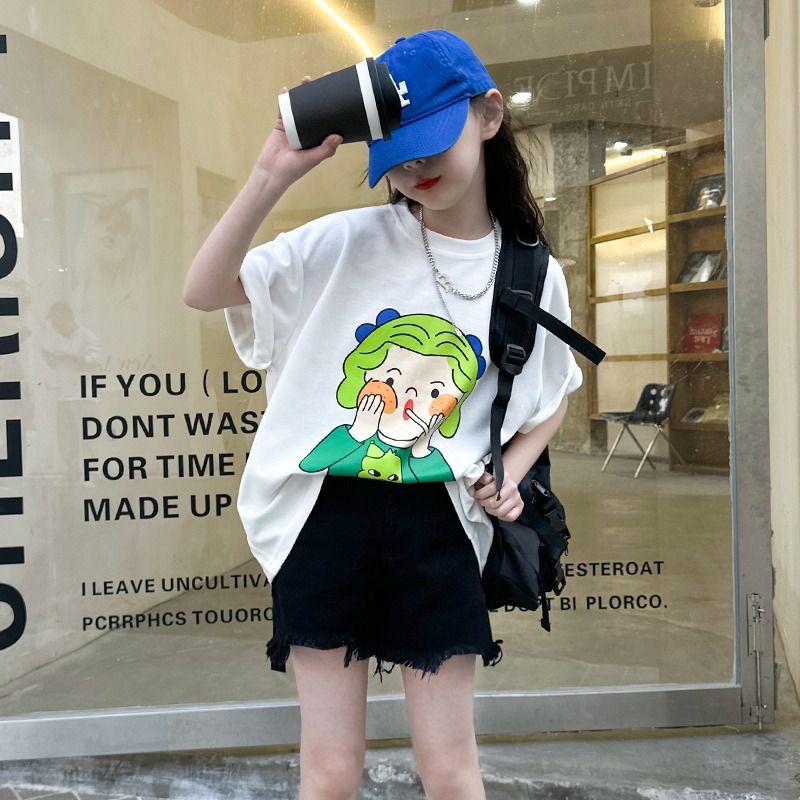 New explosive street style children's clothing T-shirt for girls, short sleeved summer children's mid to large age girls' top, half sleeved T-shirt trendy ins, popular pure cotton style clothes, soft
