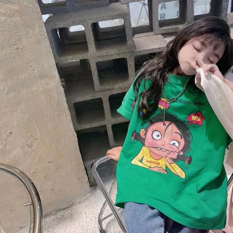 New explosive street style children's clothing T-shirt for girls, short sleeved summer children's mid to large age girls' top, half sleeved T-shirt trendy ins, popular pure cotton style clothes, soft
