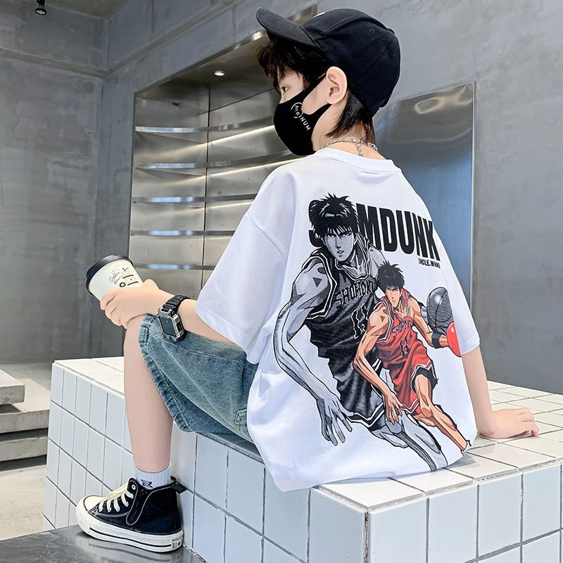 New trendy street style children's clothing,boys' t-shirts with short sleeves,summer children's mid to large boys' tops with half sleeves,autumn innerwear with trendy ins,soft breathable,comfortable