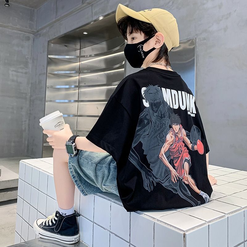 New trendy street style children's clothing,boys' t-shirts with short sleeves,summer children's mid to large boys' tops with half sleeves,autumn innerwear with trendy ins,soft breathable,comfortable